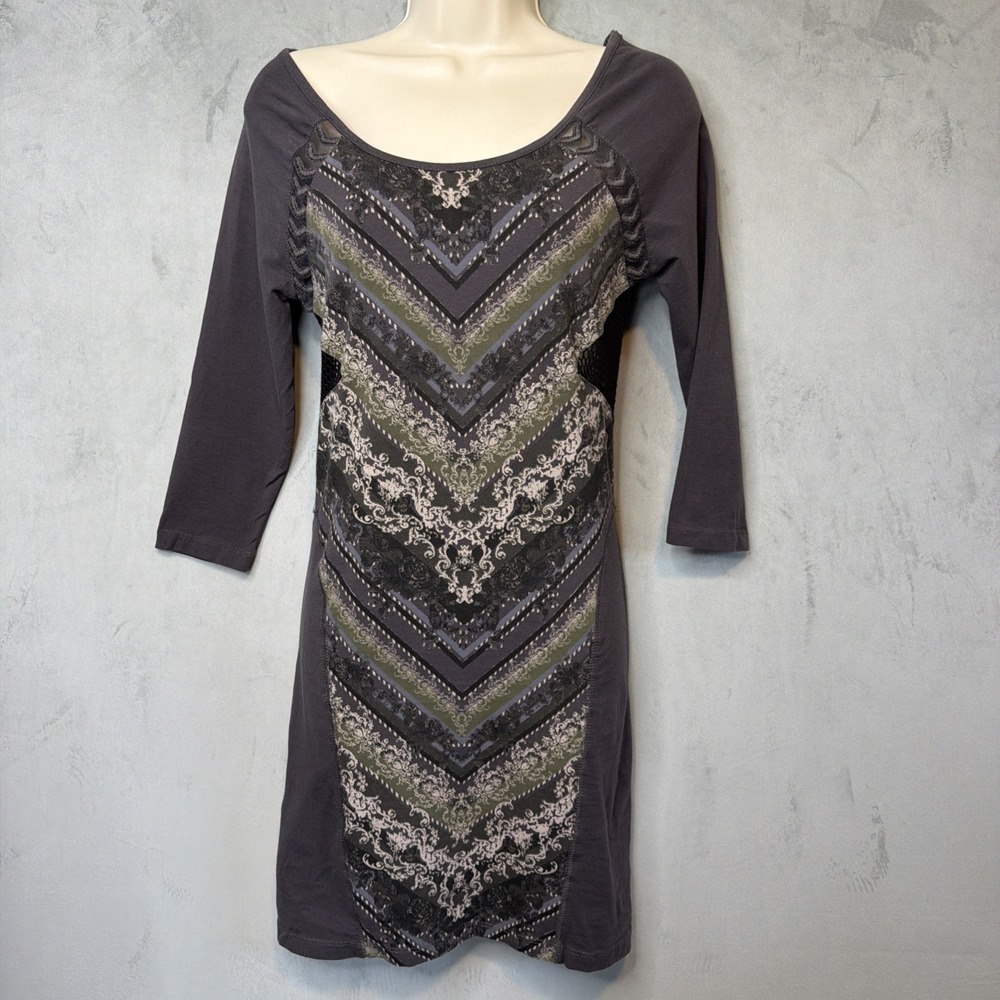 Free People Bodycon Dress Women's S Gray Printed Cutout 3/4 Sleeve Stretch